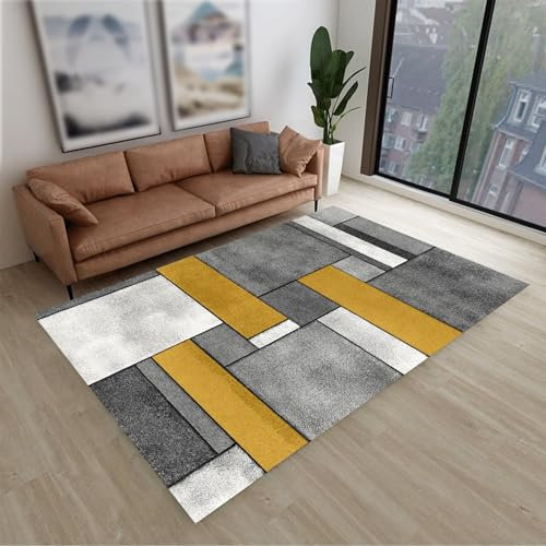 KTYUTJDH Extra große Teppiche Wohnzimmer Waschbar Anti-Rutsch Teppich Esszimmer Schlafzimmer,Schwarz Grau Senfgelb Weiß Abstrakt Geometrisch Streifen Modern,Black,Square 200 x 200 cm