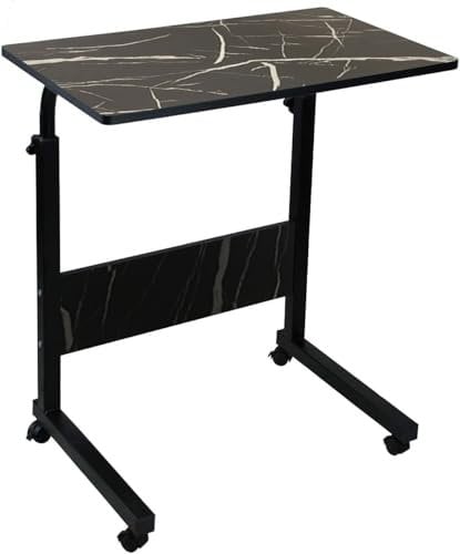 simpa Height Adjustable Mobile Laptop Table Workstation with Metal Frame & Rolling Castors - Black Marble