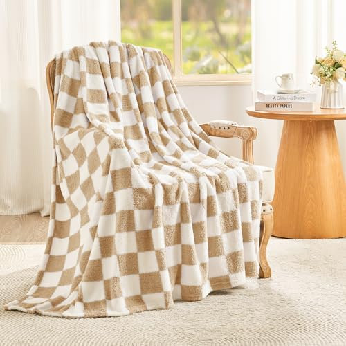 EMME Kuscheldecke Flauschige Decke - Karierte Decken 150 x 200 cm, Woven Sofadecke Weiche Warme Wolldecke&Fleecedecke, Tagesdecke, Überwurfdecke, Kuscheldecken für Couch, Beige