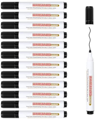 Autoau Folienstift Abwischbar, 12 Stück Schwarz Whiteboard Stifte Abwischbar Whiteboard Marker Geringem Geruch Dry Erase Marker für Monatsplaner Planungstafel Flipchart Memoboard