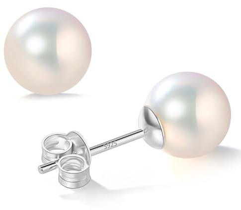YAMI Perlenohrringe Silber 925, 6-8.5mm Weiß Damen Ohrringe Perlen | Süßwasserperlenohrringe, Hypoallergen, Ideal als Geschenk, Geeignet für Verschiedene Anlässe