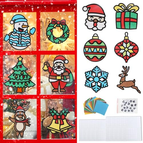 RYMAUP 12er-Pack Weihnachtsbastelsets. Machen Sie Ihr eigenes Weihnachts-Buntglas-Bastelset für Mädchen und Jungen. Fenster-Buntglas-Sonnenfänger für selbstgemachte Weihnachten