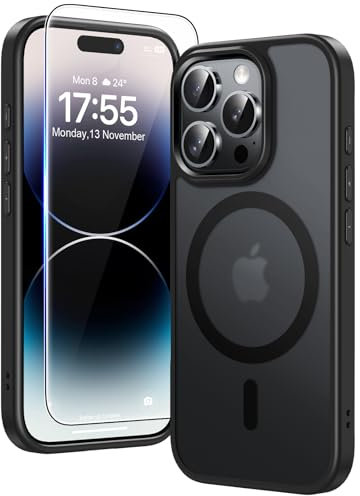 TAURI Coque Magnétique pour iPhone 14 Pro[Protection Militaire] avec Protection D'écran en Verre Trempé [Compatible avec MagSafe] -Coque Mince 6,1 Pouces-Noir Mat