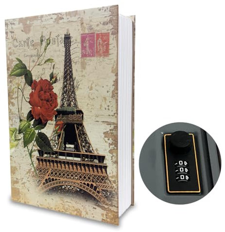 Golgner Coffre fort livre avec serrure à combinaison, boîte de rangement secrète, coffre fort livre à code, pour argent, bijoux et objets de valeur, 24 x 15,5 x 5,5 cm, Tour Eiffel