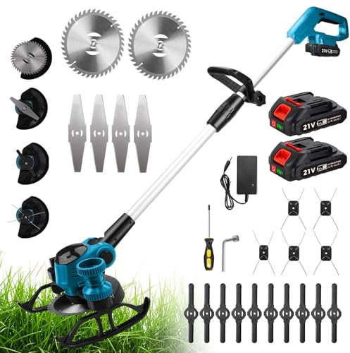 Garden Strimmer Cordless with 4.0Ah Battery, Electric Lawn Edger Grass Trimmer Brush Cutter with Auxiliary Wheel, 2 x Metal Saw Blades, 4 x Metal Blades, 15 x Grass Cutting Line, for Lawn Garden Care