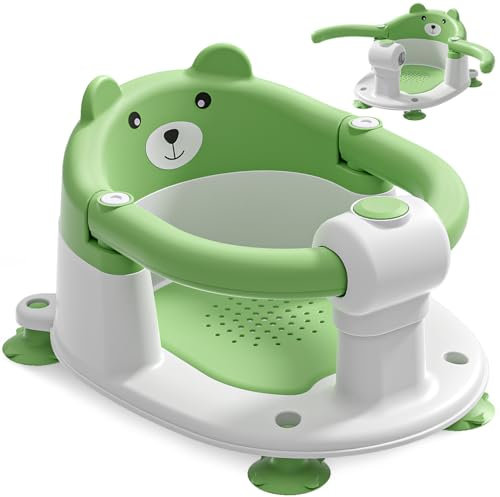 Badewannensitz Baby ab 6 Monate, Bär Rutschfester Badesitz Baby mit 4 Saugnäpfen und Kissen für Kleinkinder und Neugeborene, Sicherer Tragbarer Badstuhl für Dusche oder Badewanne, Grün