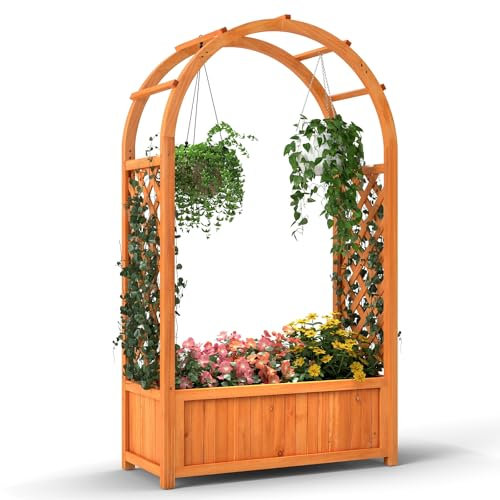 GOPLUS Jardinieres Exterieur en Bois Sapin, Jardiniere Treillis Surélevée en Arc avec Doublure et Système de Drainage, Panneau Amovible pour Vigne Rampante Fleur Légume, Idéal pour Intérieur Extérieur