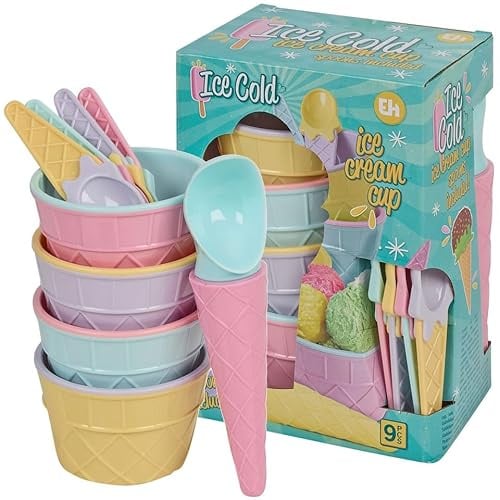 URBNLIVING 9 Piece Ice Cream Dessert Set, Includes 4 Cups, 4 Cone Themed Spoons & 1 Scoop, Plastic Reusable Serving Set in Gift Box, Dishwasher & Freezer Safe, Ideal for Pudding Fruit Summer Parties