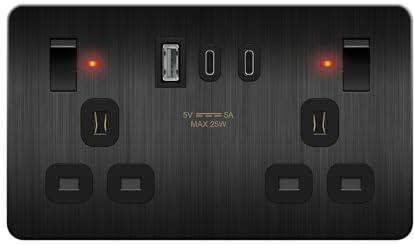 LIDER 2-Gang Switched Socket, 25W Combined Output, Stainless Steel, UKCA | USB Type C&A Ports, LED Power Indicator, Always-On USB Ports, Brushed Black, Use A 35mm-Deep Back Box