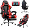 LUCKRACER Silla Gaming, Silla Gamer con Masaje, Silla de Oficina Ergonómica con Reposapiés, 150 kg, Asiento Gaming, con Reposacabezas y Reposapiés Retractable, Rojo