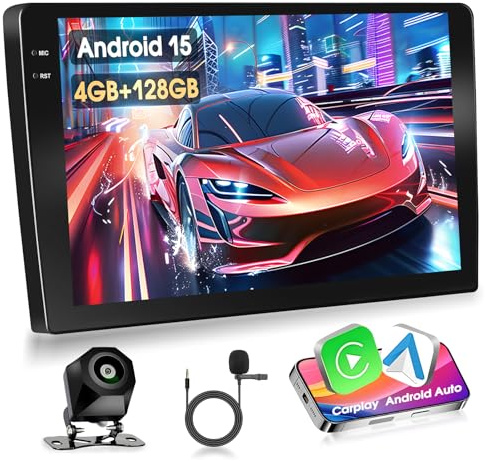 Autoradio Android 4G+128G Motorsi 9'' 1280P HD Incell Touchscreen 2 Din Autoradio Android 15 Stereo Radio, IOS Carplay, Bluetooth 5.0, GPS, WiFi, 2USB e Telecamera di Backup AHD 720P, Microfono