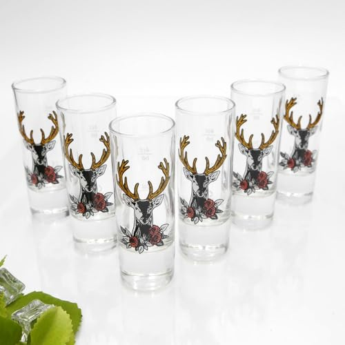 Schnapsgläser Set 6 Stück – Hirschkopf Design – 6,5 cl mit 2cl & 4cl Eichstrich – wählbar sortenrein oder bunt gemischt – Geschenkidee für Party & Freunde, Männer & Frauen, Rosenhirsch GTKv27.30.44