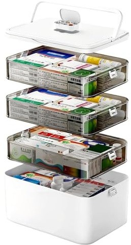 Refein Medizinbox Medikamenten Aufbewahrung 4-Stöckige Medikamentenbox | Groß Hausapotheke Box mit Griff Tragbare Medikamenten Organizer Ideal für Haushalt und Reisen