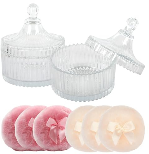 Lot de boîtes à poudre en verre avec houpette à poudre, étui à poudre pour poudre corporelle, talc ou boîte en verre pour bonbons, chocolat, biscuits, comme cadeau pour anniversaire, Noël, fête