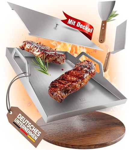 WALDMEISTER - Plancha Grillplatte Edelstahl 40x30cm OHNE GITTERABLAUF [mit Griffen, praktischem Deckel, 2 Grillspachteln], Grillplatte Gasgrill Grill Plancha