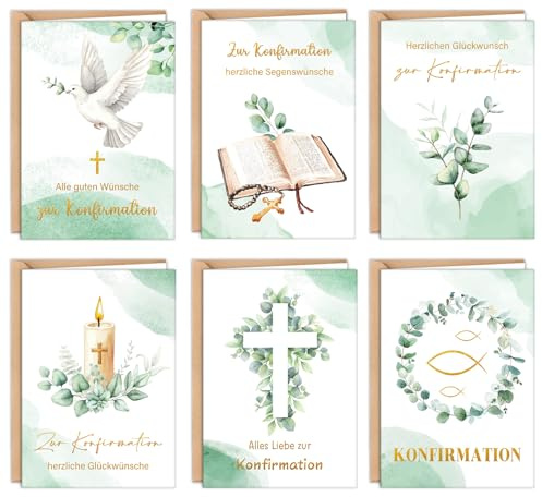12er Konfirmationskarten mit Umschlag Siegel-Aufklebern Set, Glückwunschkarte Konfirmation mit Eukalyptus Design, Karte Konfirmation Mädchen Junge - A6, Premium Motive Klappkarten