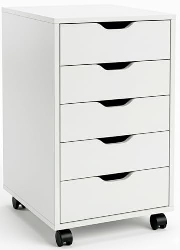 Marctani Cajonera Escritorio Blanca con 5 Cajones y Ruedas, Mueble Archivador Oficina de Madera para debajo de Mesa, Cajonera Pequeña y Estrecha (Fondo 30cm), Mueble Impresora con Ruedas