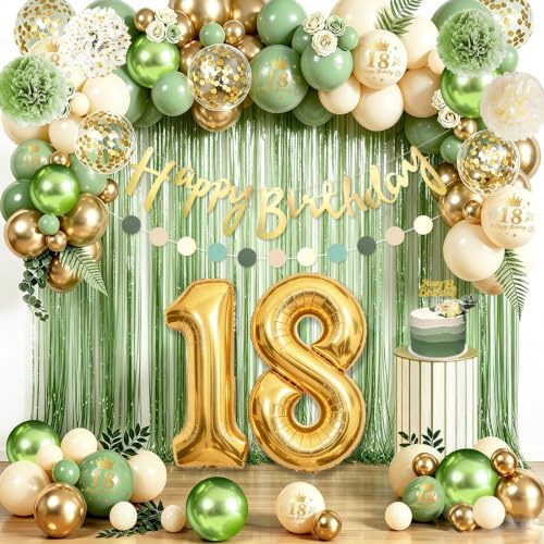 Salbeigrün 18. Geburtstag Deko Set Mädchen,Luftballons Zahl 18 Folienballon | Happy Birthday Banner deko,Lametta Vorhang, Tortentopper & Papierpompons für die 18. Geburtstag Party Deko zur Volljährigkeit