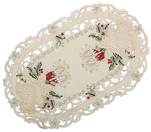 Bezaubernder Weihnachten Tischläufer/Tischdeckchen Creme-Weiß mit Rot Kerzen Glocken Stickerei - Größe wählbar (ca. 30 x 45 cm Oval)