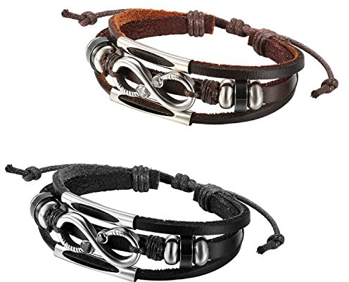 Flongo 2 PCS Edelstahl Leder Echtleder Armband Armreif Lederarmband Kordelkette CZ Zirkon Zirkonia Schwarz Braun Silber Infinity Unendlichkeit Lieben Zeichen Symbol Herren,Damen