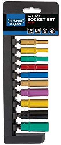 Draper 50158 1/4-Inch Metric Coloured Deep Socket 10 Piece Set , Blue