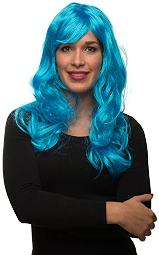 Sexy Langhaar Damen Frauen Perücke lockig/gewellt für Fasching Karneval Motto Party - 13 Farben (Türkis)