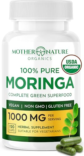MNO USDA Organic Moringa Leaf Capsules Daily Green Superfood 1000mg, 120 Ct
