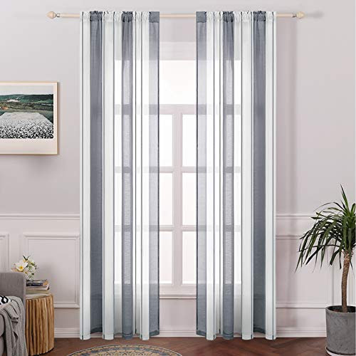 MIULEE 2er Set Voile Vorhang Transparente Streifen Gardine aus Voile Gaze paarig Schlaufenschal Stangedurchzug Transparent Fensterschal Wohnzimmer Schlafzimmer 245 cm x 140 cm(H x B) Weiß + Grau