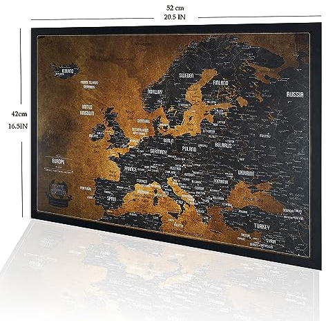 Europakarte Pinnwand mit pinen - Reisekarte mit bonus 100 Stecknadeln - Europa Pinnwand Kork - 53x3x43 cm - Gerahmte Landkarten mit Pinnadeln, Hergestellt in der EU, Die Karte ist gebrauchsfertig…