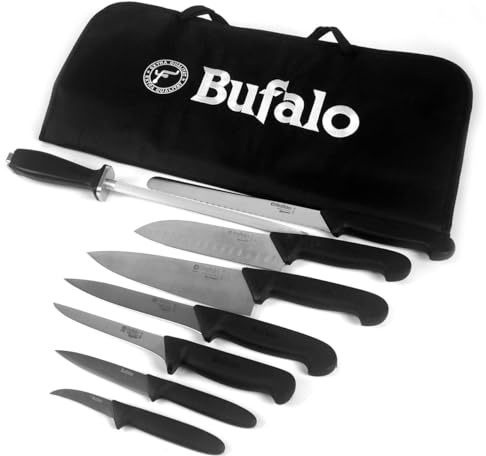 Set Coltelli 8 Pezzi Multiuso con Fodero Bufalo Kit Pro Manico Nero