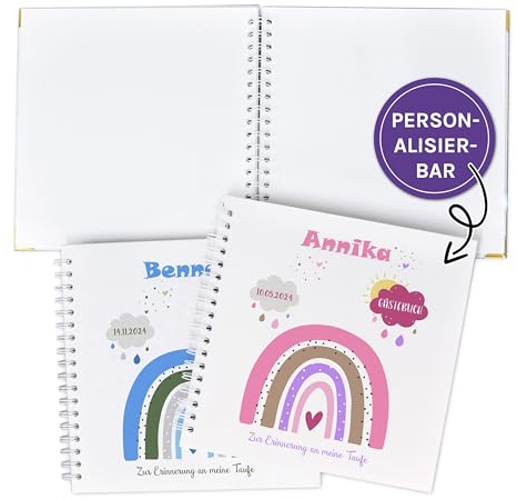 FEENSTAUB Gästebuch Taufe 1.Geburtstag, Taufgästebuch personalisiert [Handmade] Ringbuch [made in Austria], Erinnerungsalbum blanko, Fotoalbum, personalisiertes Taufbuch, Geschenk Taufe, Regenbogen