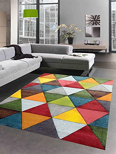 CARPETIA Abstrakter Wohnzimmer Teppich mit modernem bunten Dreiecksmuster Design orange grün rot - pflegeleicht Größe 160x230 cm