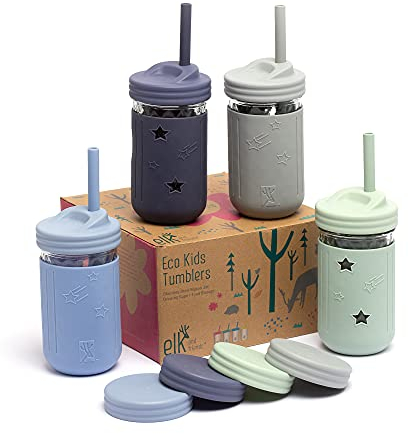 Elk and Friends 12oz Glass Kids + Toddler Drinking Cups | The Original Mason Jars with Lids + Sleeves + Straws | Smoothie Cups | Spill Resistant | Dishwasher Safe | 4 Pack