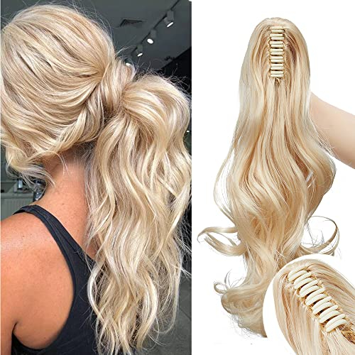 SEGO 45cm Pferdeschwanz Haarverlängerung Ponytail Haarteil Zopf Clip in Extensions Voluminös Claw on Synthetik Haare Gewellt Gebleichtes Blond
