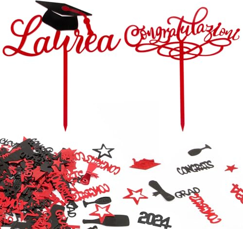 2Pz Toppers per Torta Scritta Laurea Congratulazioni 2023 Rosso Acrilico 15g Coriandoli Decorazione Cupcakes Toppers Addobbi Gadget per Festa Graduation