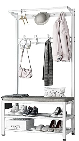 Qcesorib Garderobe mit Sitzbank, 170cm Garderobenständer, Garderobenständer mit 10 Gaderobenhaken und Schuhregal mit Sitzfläche, Flurgarderoben Set aus Metal im Industrial Design