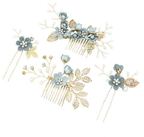 Toyvian Wedding Hair Comb Set 4Pcs Floral Bridal Headpiece Rhinestone Hair Accessories for Bridesmaids and Brides Green Styling Clips