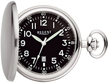 Regent Herren Taschenuhr Savonnette Edelstahl 48 MM Quarz Arabische Zahlen Datum Schwarz P-752
