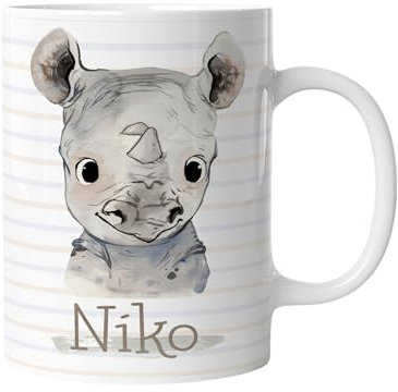 timalo® Tasse Tiere mit Namen personalisiert | Nashorn mit Wunschname für Kinder Geschenk zur Einschulung, Weihnachten, Nikolaus Jungen | mug-t-07