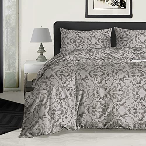 RAYBedding 2PCS Single Duvet Set 100% Egyptian Cotton Bedding Single Bed Set 400 Thread Count Floral Printed Misty Grey Duvet Cover Single with Pillow Case