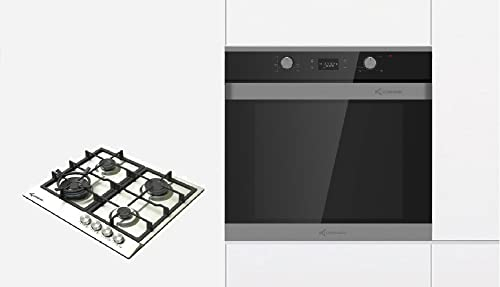 Set cuisinière encastrable four + plaque de cuisson à gaz, 1 tiroir télescopique, plaque de cuisson à gaz, brûleur WOK 4 kW, embout WOK