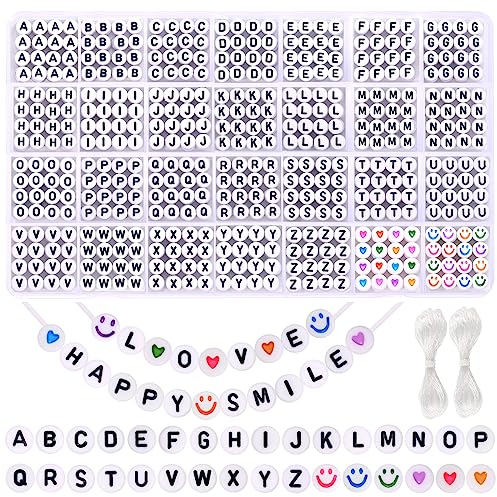 1400 Stück Acryl Alphabet Buchstabe Perlen Armband 7mm Runde Spacer Bunte Smiley Herz Perlen für Schmuck Machen Armbänder Halsketten Schlüsselanhänger DIY Crafts