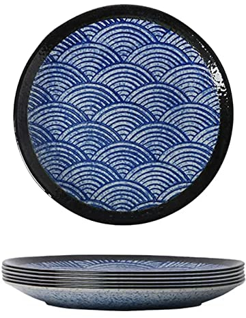 BRDECOR Juego de Platos Llanos de cerámica de 5, Platos Grandes Redondos de Porcelana para Pasta y Ensalada, Juego de Platos de gres Azul para bistec, Pasta, Pizza, hogar, Fiesta, Restaurante,10in