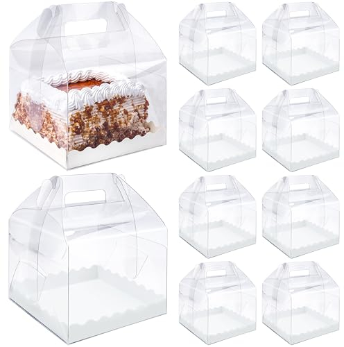 BELLE VOUS 10 Pack of Clear Plastic Square Cake Carrier Boxes - 15 x 15 x 12cm/5.9 x 5.9 x 4.72 Inches - Reusable Dessert/Bakery Containers with Handles for Cupcakes, Wedding & Birthday Parties