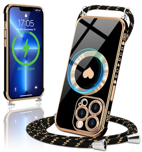 Micoden Magnetische Handykette für iPhone 13 Pro Necklace Hülle mit Band kompatibel mit Magsafe Kameraschutz Galvanik Herz Silikon Case Kordel zum Umhängen Handyhülle Stoßfeste Schutzhülle,Schwarz