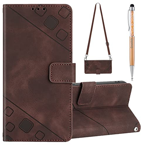 Grandoin Kompatibel mit Samsung Galaxy A50/A30S/A50S Hülle mit Band, Handykette Handyhülle mit Band Lederhülle Klappbar Flip Case Tasche Magnet Handyband zum Umhängen Schutzhülle mit Kette (Braun)