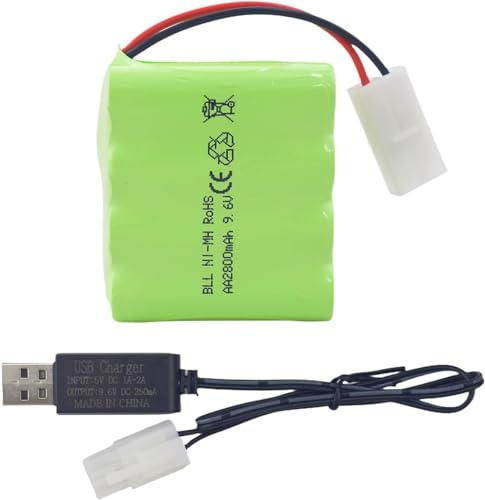 1 batería AA de 9.6 V 2800 mAh Ni-MH de alta capacidad con enchufe Tamiya y cable de carga USB para ingeniería de tanques de juguete, camión semirremolque plano, paquete de batería de repuesto para