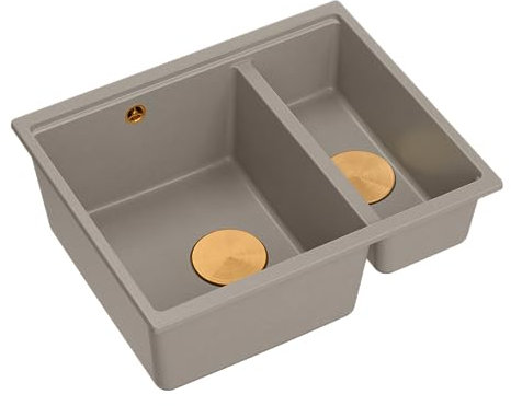 QUADRON fregadero de doble seno Fregadero de cocina | tamaño 55,5 x 46 x 22 cm, topo suave + cobre | LOGAN 150 granito fregadero de granito | mueble bajo a partir de 60 cm | fregadero empotrado