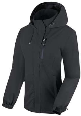BATHRINS Regenjacke Damen Wasserdicht Atmungsaktiv Wanderjacke Windbreaker Damen Leicht Outdoor Jacke Mesh Gefüttert Fahrrad Jacke mit Kapuze（Schwarz,XXL）
