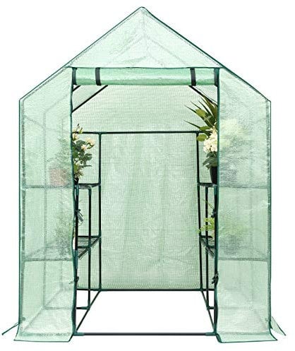 GYMAX Serra da Giardino, Realizzata in PE con Porta a Cerniera e 8 Scaffali in Metallo, Serra da Balcone per Fiore e Piante, 143 x 143 x 195 cm, Verde
